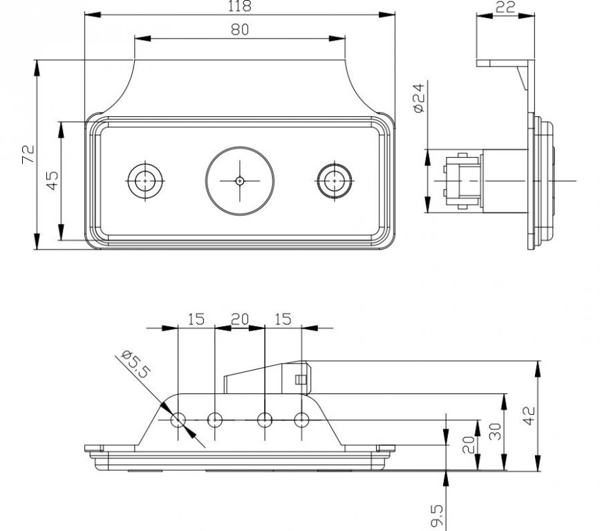 Szélességjelző LED fehér 118x72mm tartóval